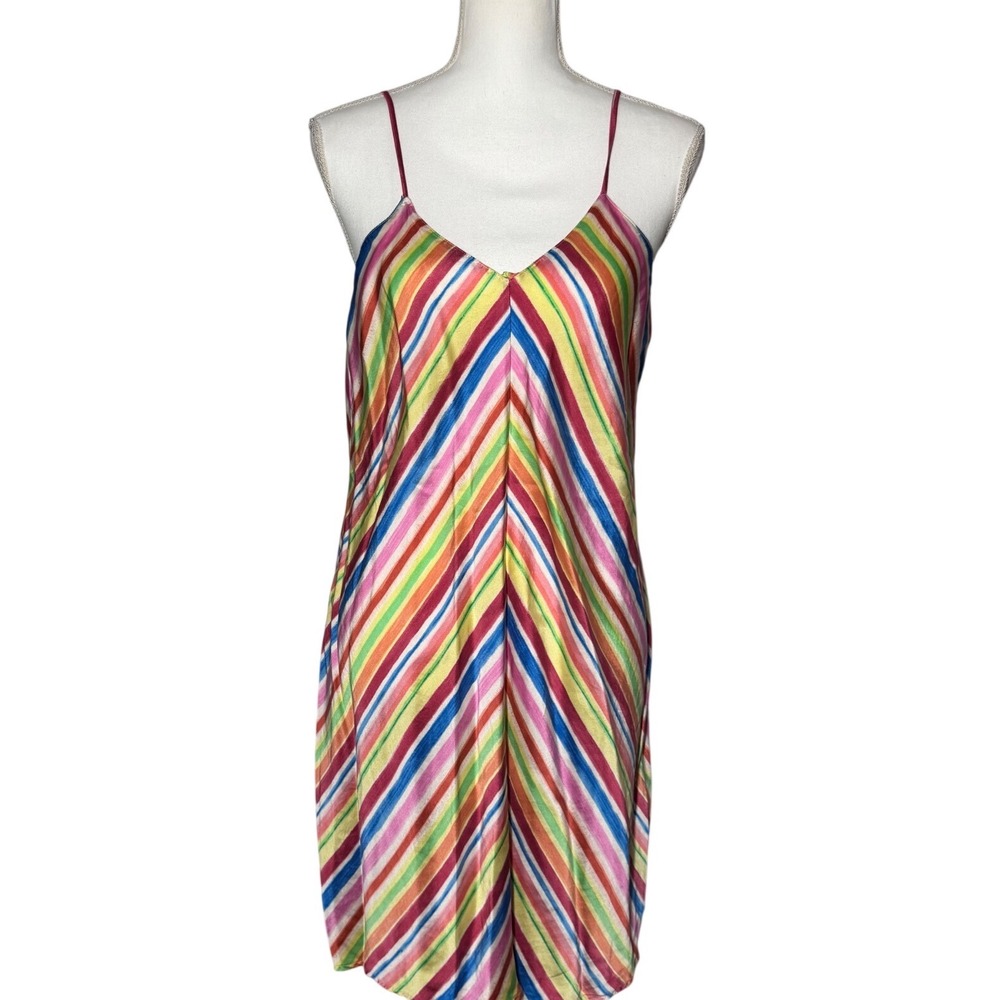 Judith Hart Silk Rainbow Stripe Nightgown Robe Set L Multi Color Excellent 2pc
